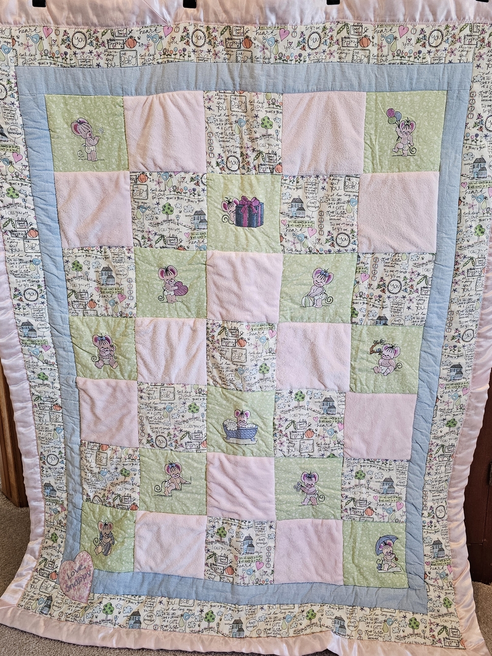 Pastel Patchwork Baby Quilt in Pink, Green & Blue 50x41